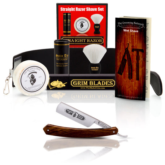 Grim Blades Round Tip Exotic Rosewood Straight Razor with Luxury Kit