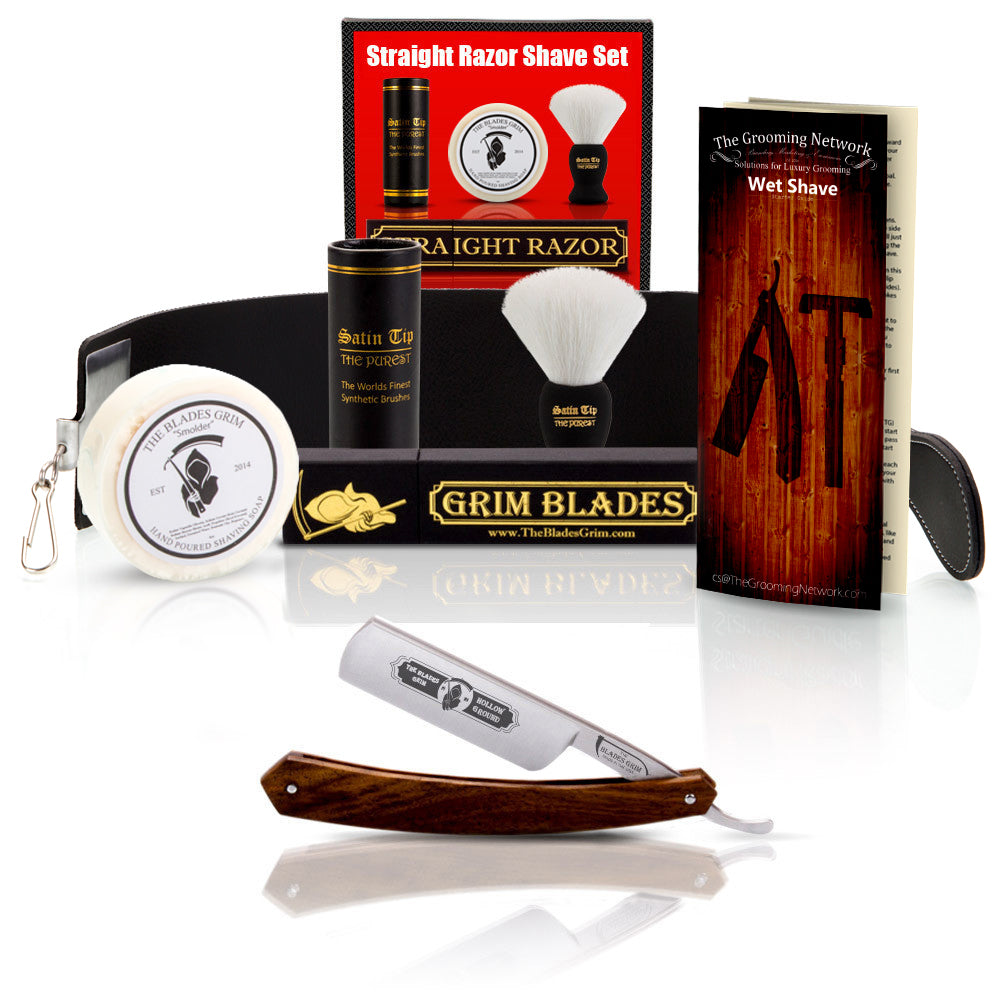 Grim Blades Round Tip Exotic Rosewood Straight Razor with Luxury Kit