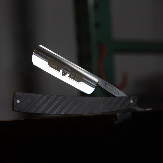 Grim Blades 6/8 Round Tip Straight Razor In Carbon Fiber