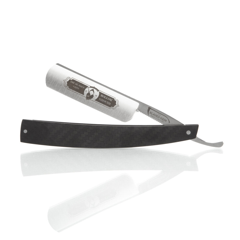Grim Blades Round Tip Straight Razor In Carbon Fiber Scales and Luxury Kit
