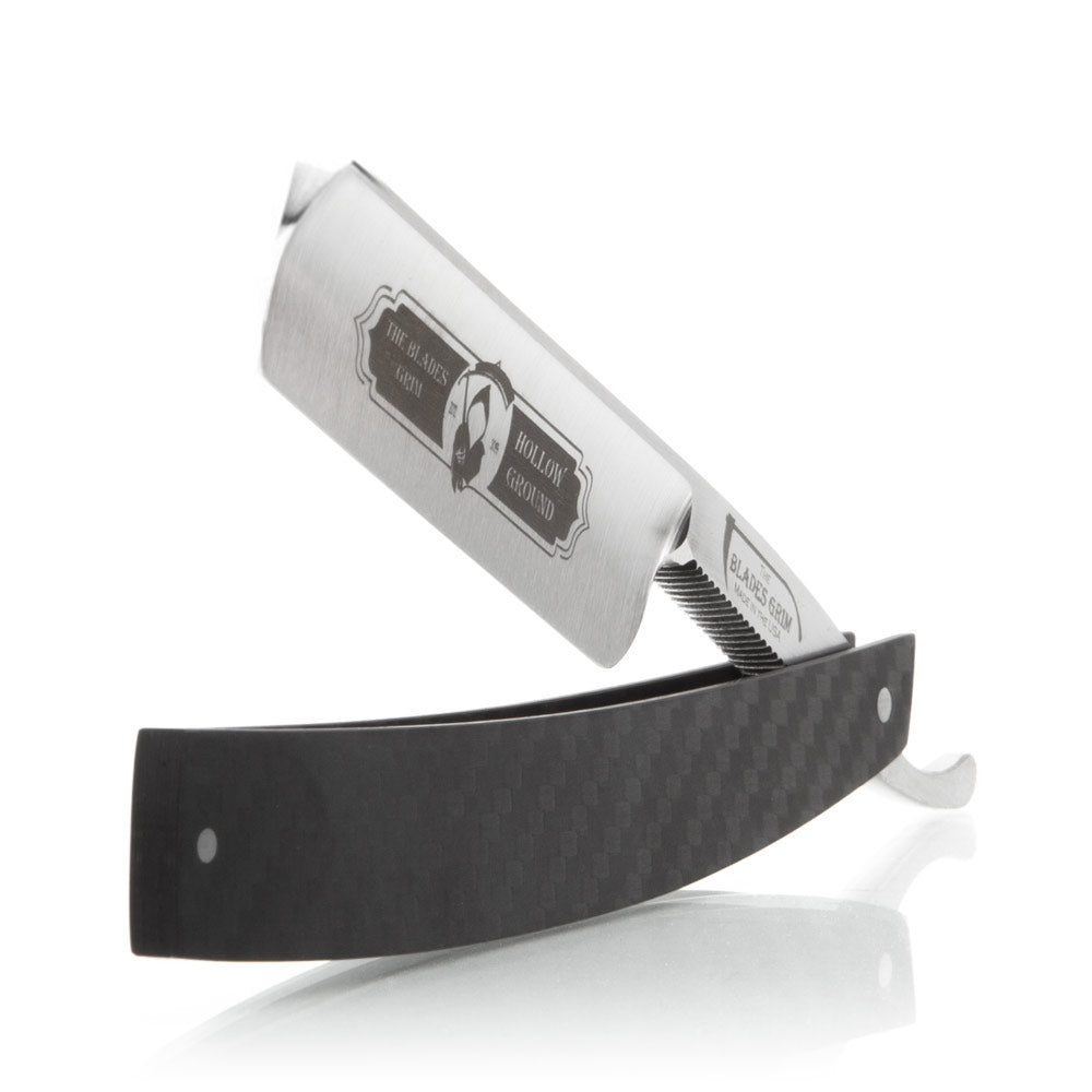 Grim Blades Round Tip Straight Razor In Carbon Fiber Scales and Luxury Kit
