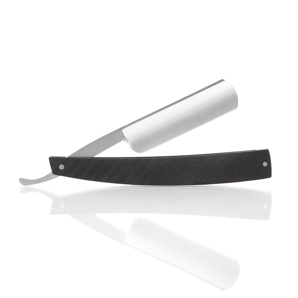 Grim Blades Round Tip Straight Razor In Carbon Fiber Scales and Luxury Kit