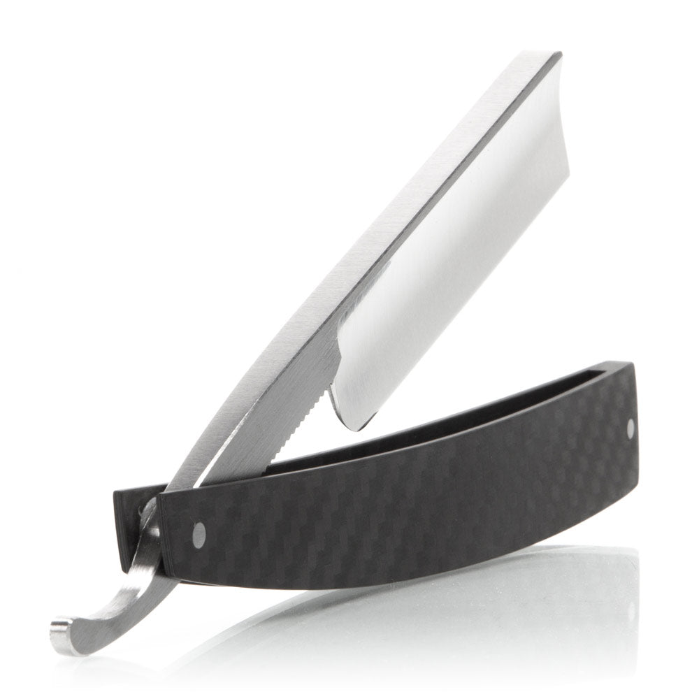 Grim Blades Round Tip Straight Razor In Carbon Fiber Scales and Luxury Kit