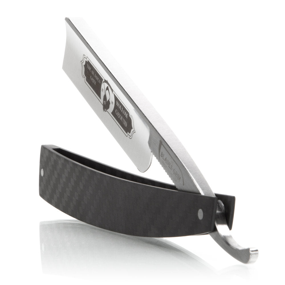 Grim Blades Round Tip Straight Razor In Carbon Fiber Scales and Luxury Kit
