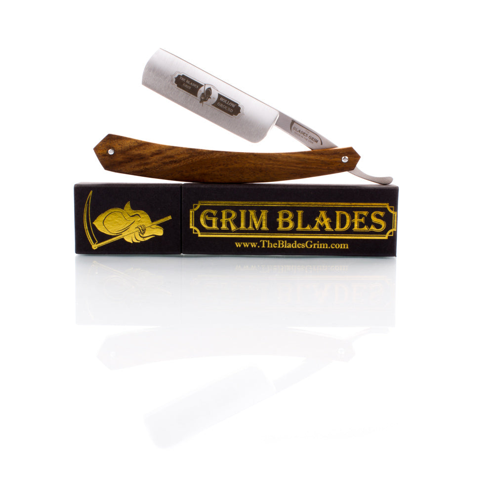 Grim Blades Round Tip Exotic Rosewood Straight Razor with Luxury Kit