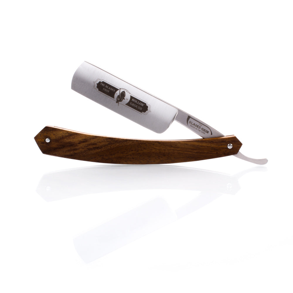 Grim Blades Round Tip Exotic Rosewood Straight Razor with Luxury Kit