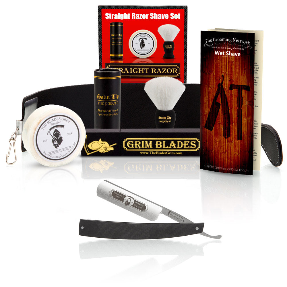 Grim Blades Round Tip Straight Razor In Carbon Fiber Scales and Luxury Kit